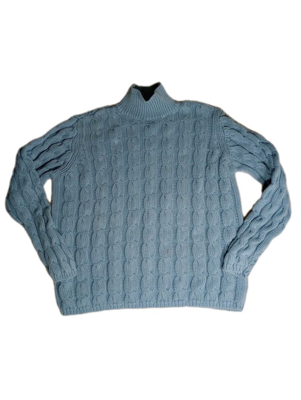 Vtg LL BEAN Turtleneck Fisherman Cable Knit Sweater Chunky 100% Cotton Size L